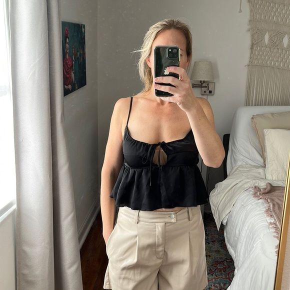 Free People Tie Front Ruffle Tank Top Size Medium Black - Picture 1 of 5